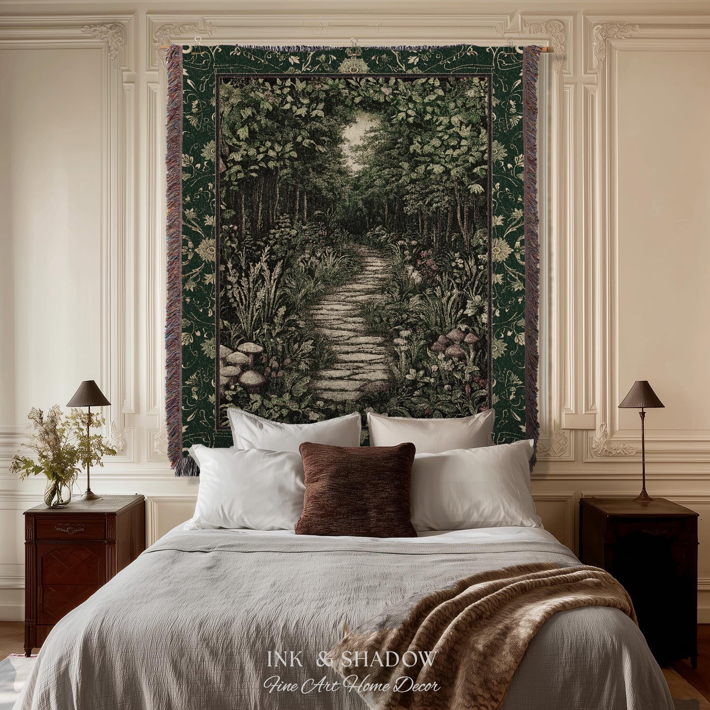 Ethereal Woodland Meadow Tapestry | Dark Academia Folklore Fairy Core Aesthetic Blanket Magical Bedroom Emerald Green Home Decor Botanical
