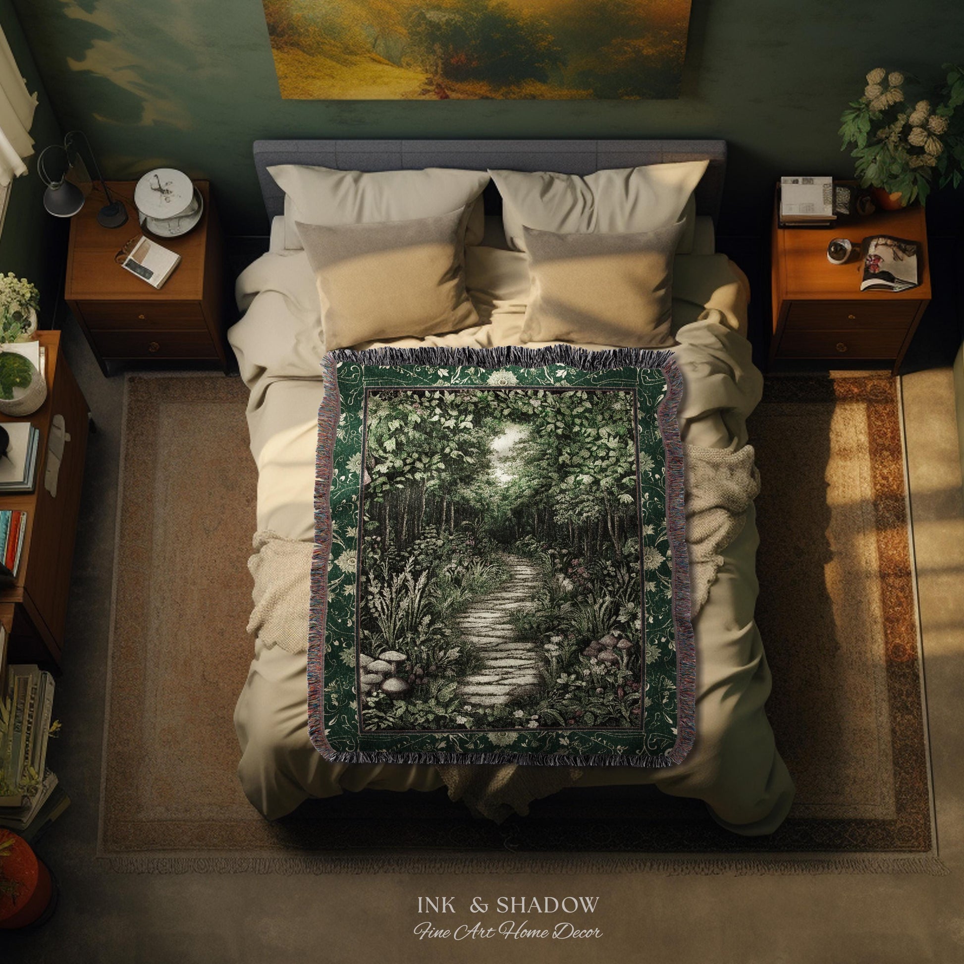 Ethereal Woodland Meadow Tapestry | Dark Academia Folklore Fairy Core Aesthetic Blanket Magical Bedroom Emerald Green Home Decor Botanical
