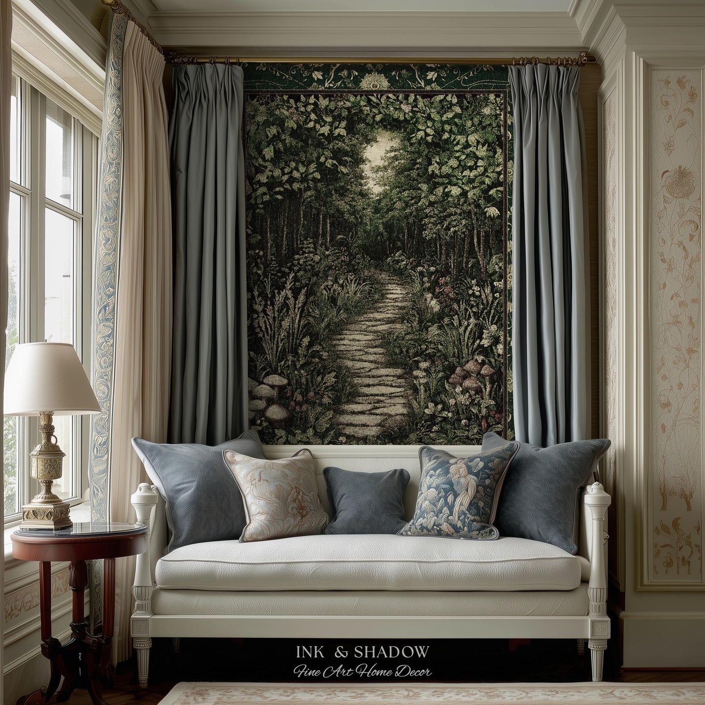 Ethereal Woodland Meadow Tapestry | Dark Academia Folklore Fairy Core Aesthetic Blanket Magical Bedroom Emerald Green Home Decor Botanical