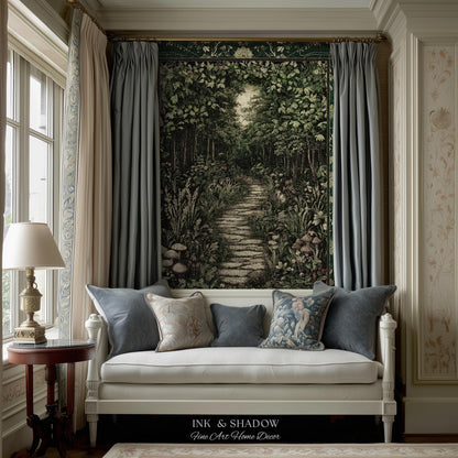 Ethereal Woodland Meadow Tapestry | Dark Academia Folklore Fairy Core Aesthetic Blanket Magical Bedroom Emerald Green Home Decor Botanical