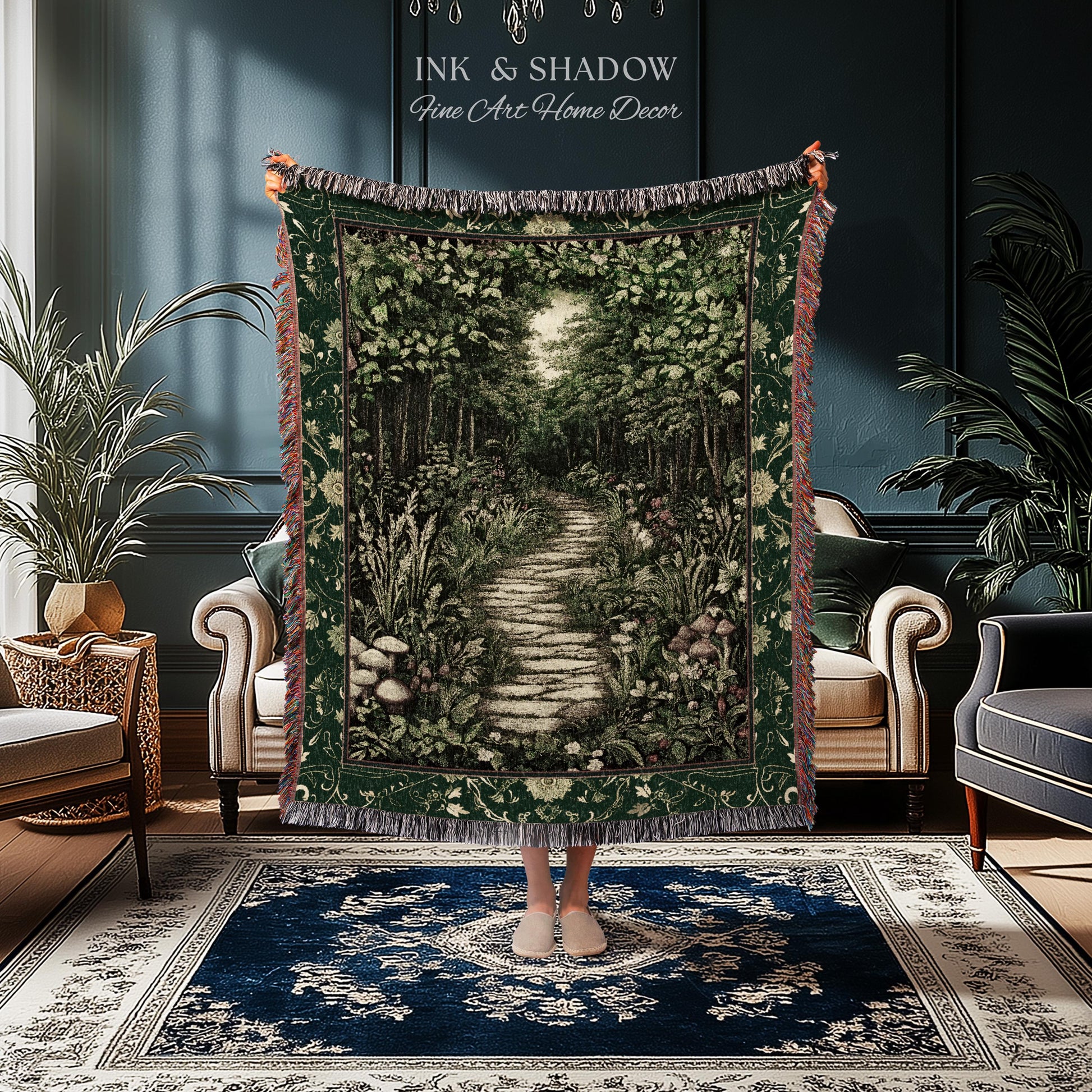 Ethereal Woodland Meadow Tapestry | Dark Academia Folklore Fairy Core Aesthetic Blanket Magical Bedroom Emerald Green Home Decor Botanical