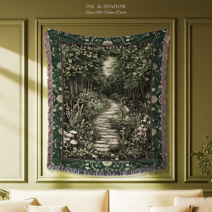 Ethereal Woodland Meadow Tapestry | Dark Academia Folklore Fairy Core Aesthetic Blanket Magical Bedroom Emerald Green Home Decor Botanical