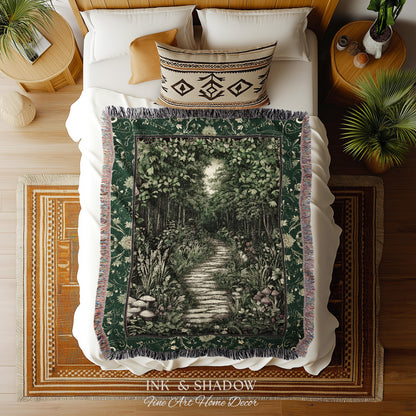 Ethereal Woodland Meadow Tapestry | Dark Academia Folklore Fairy Core Aesthetic Blanket Magical Bedroom Emerald Green Home Decor Botanical