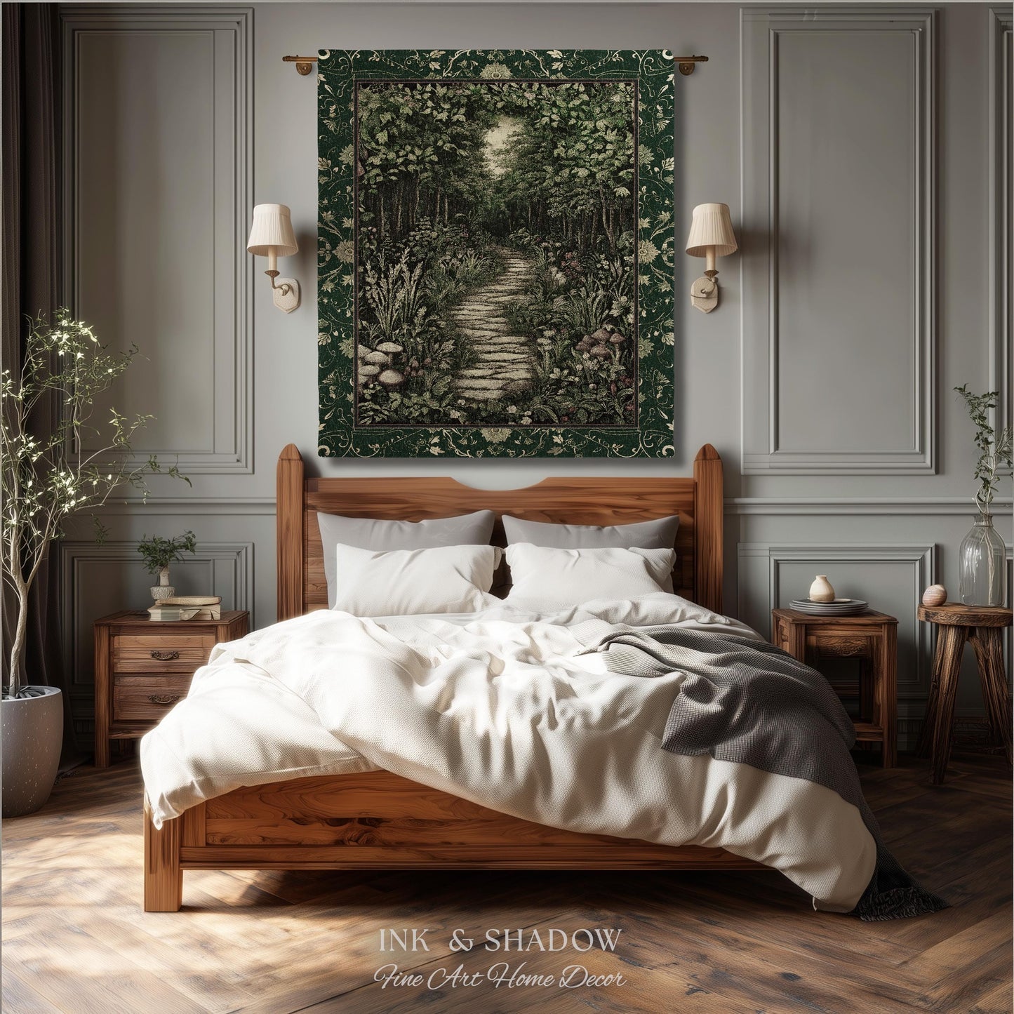 Ethereal Woodland Meadow Tapestry | Dark Academia Folklore Fairy Core Aesthetic Blanket Magical Bedroom Emerald Green Home Decor Botanical