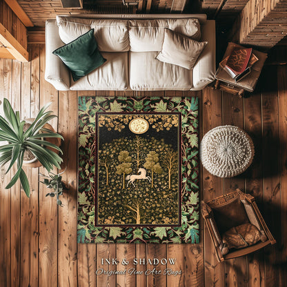 Magic Aesthetic Unicorn Runner Rug Cottagecore Style, Dark Academia Folklore Decor Gothic Maximalist Fantasy Art Enchanted Fairytale Accent