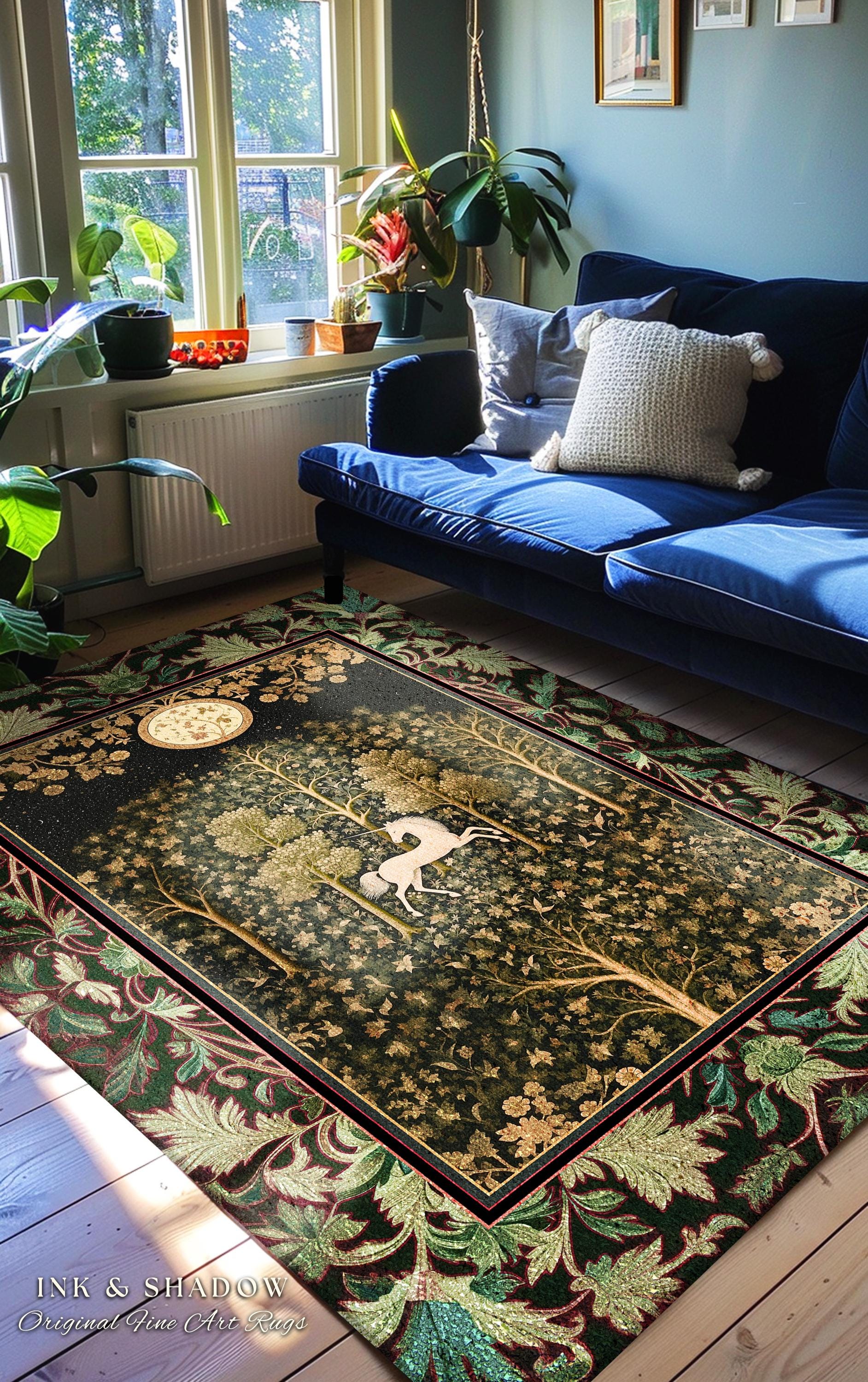 Magic Aesthetic Unicorn Runner Rug Cottagecore Style, Dark Academia Folklore Decor Gothic Maximalist Fantasy Art Enchanted Fairytale Accent
