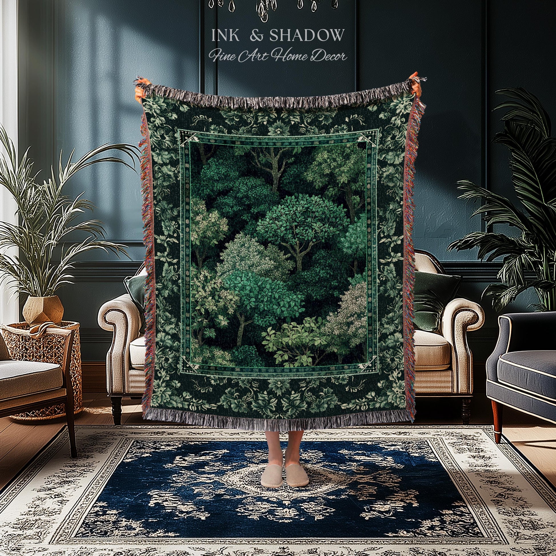 Verdant Greenery Botanical Woven Coverlet | Woodland Magical Aesthetic Living Room Green Tapestry Plant Loving Bedroom Blanket Gift Emerald