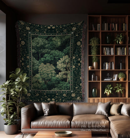 Lush Botanical Green Woven Blanket | Forest Theme Woodsy Aesthetic Living Room Green Home Decor Housewarming Gift Emerald Bedroom Tapestry |