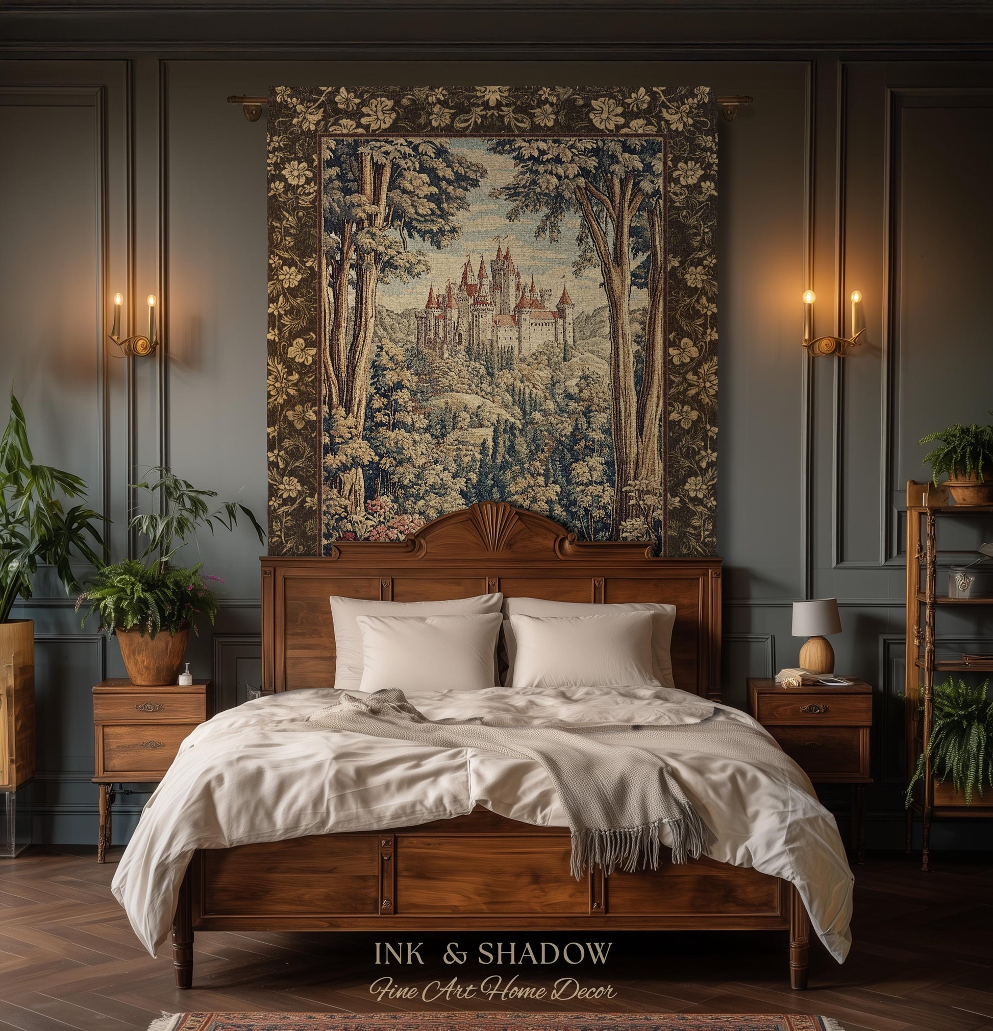 Book Nook Fairytale Castle Tapestry Throw, Woodland Fairycore Bohemian Folklore Aesthetic Magical Landscape Forestcore Dark Academia Blanket