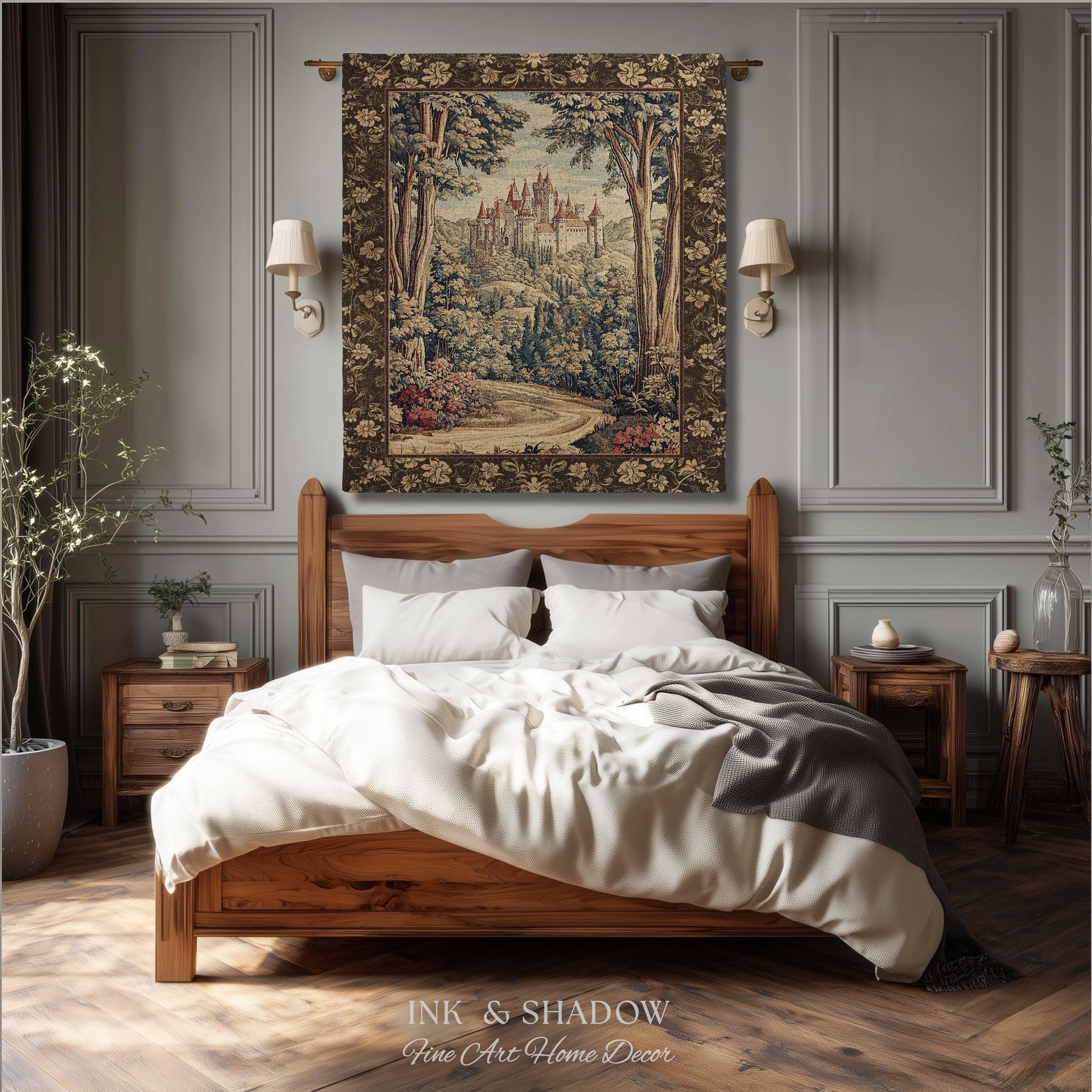 Book Nook Fairytale Castle Tapestry Throw, Woodland Fairycore Bohemian Folklore Aesthetic Magical Landscape Forestcore Dark Academia Blanket