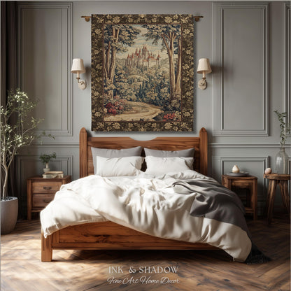 Book Nook Fairytale Castle Tapestry Throw, Woodland Fairycore Bohemian Folklore Aesthetic Magical Landscape Forestcore Dark Academia Blanket