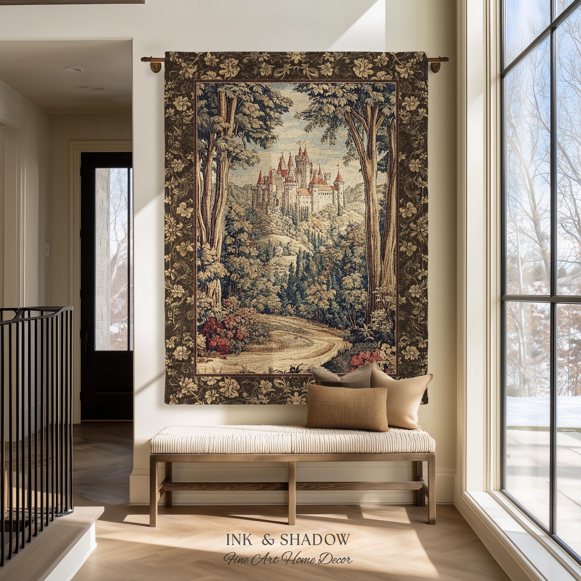 Book Nook Fairytale Castle Tapestry Throw, Woodland Fairycore Bohemian Folklore Aesthetic Magical Landscape Forestcore Dark Academia Blanket