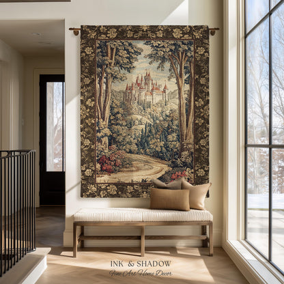 Book Nook Fairytale Castle Tapestry Throw, Woodland Fairycore Bohemian Folklore Aesthetic Magical Landscape Forestcore Dark Academia Blanket