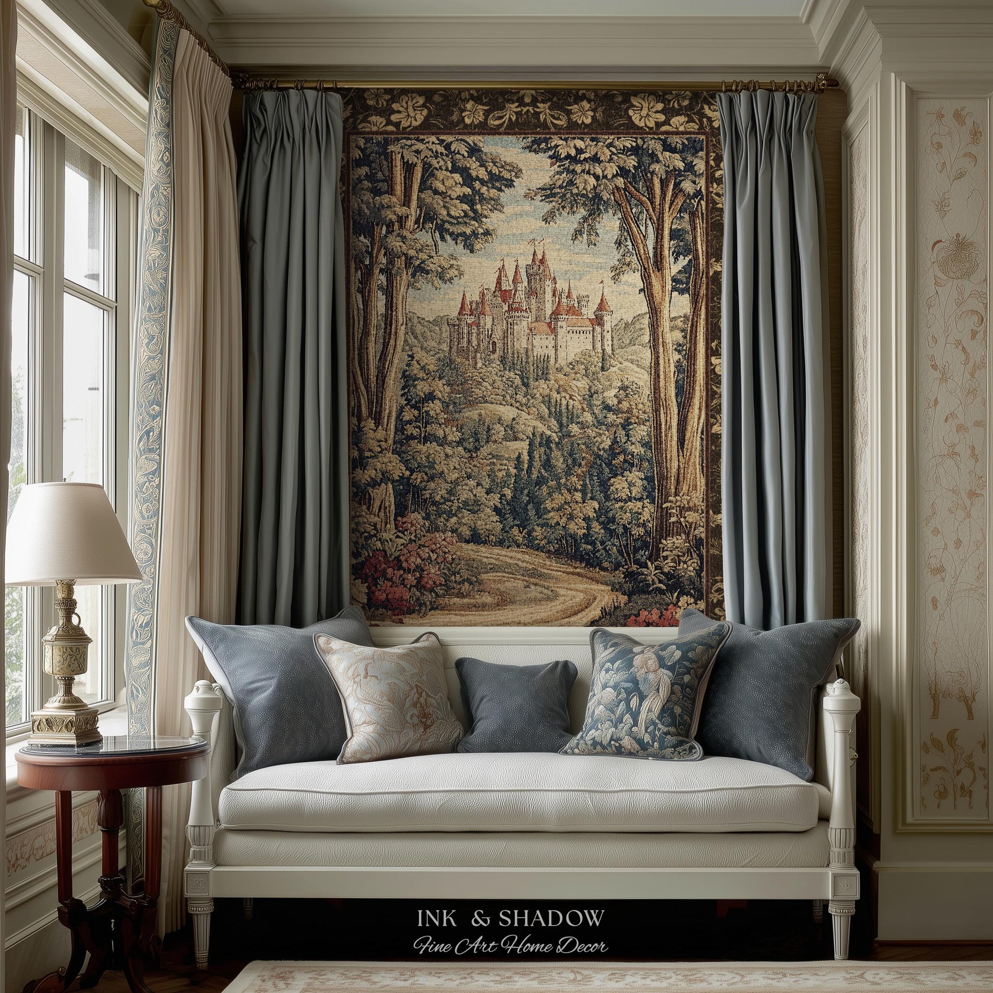 Book Nook Fairytale Castle Tapestry Throw, Woodland Fairycore Bohemian Folklore Aesthetic Magical Landscape Forestcore Dark Academia Blanket