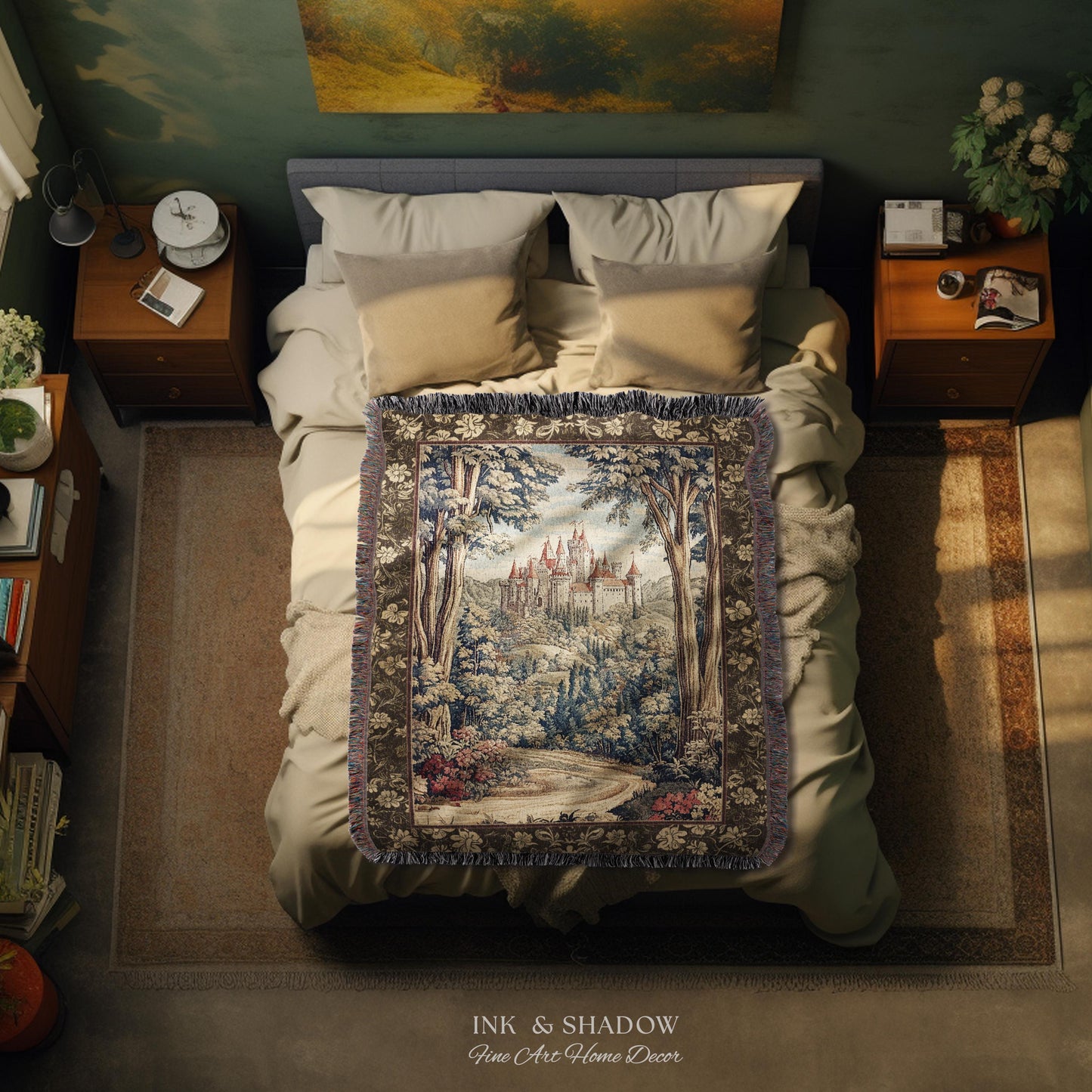 Book Nook Fairytale Castle Tapestry Throw, Woodland Fairycore Bohemian Folklore Aesthetic Magical Landscape Forestcore Dark Academia Blanket