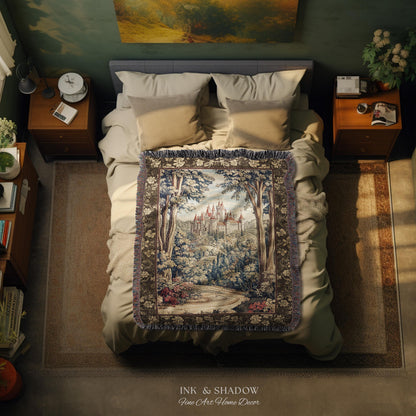 Book Nook Fairytale Castle Tapestry Throw, Woodland Fairycore Bohemian Folklore Aesthetic Magical Landscape Forestcore Dark Academia Blanket