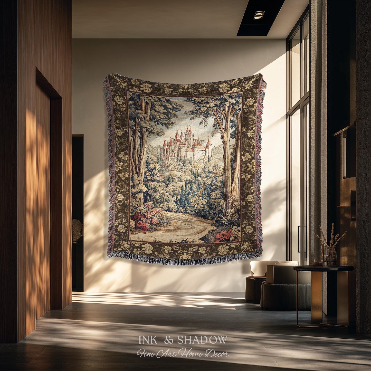 Book Nook Fairytale Castle Tapestry Throw, Woodland Fairycore Bohemian Folklore Aesthetic Magical Landscape Forestcore Dark Academia Blanket
