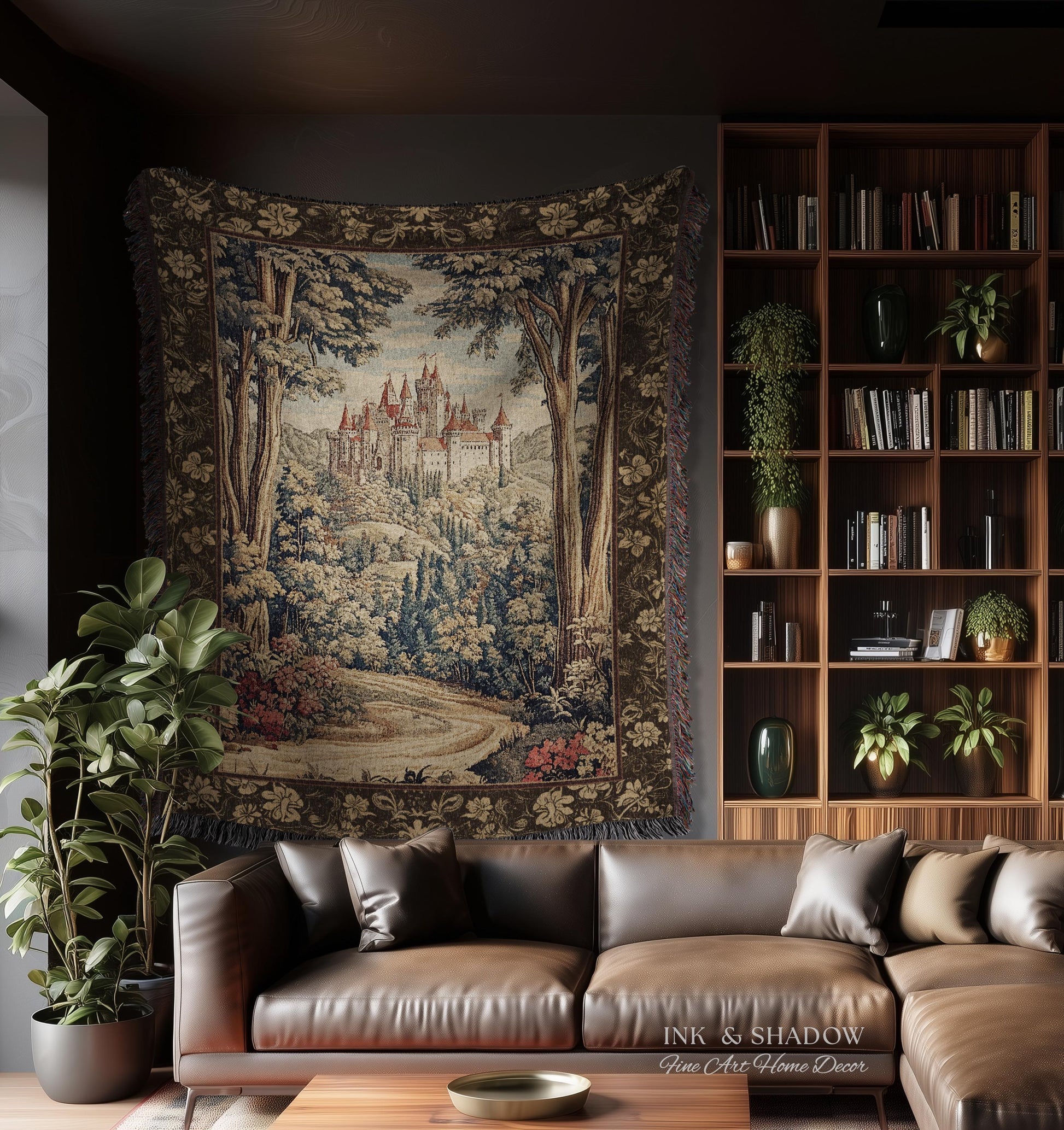Book Nook Fairytale Castle Tapestry Throw, Woodland Fairycore Bohemian Folklore Aesthetic Magical Landscape Forestcore Dark Academia Blanket