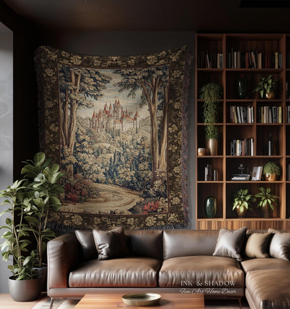 Book Nook Fairytale Castle Tapestry Throw, Woodland Fairycore Bohemian Folklore Aesthetic Magical Landscape Forestcore Dark Academia Blanket