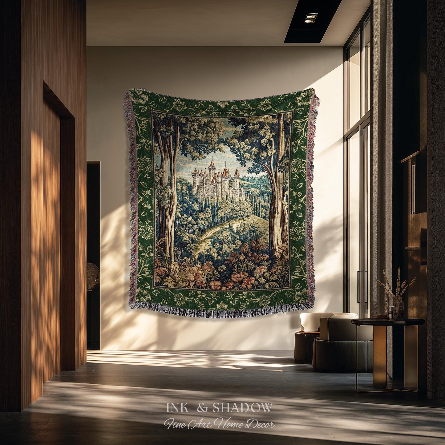 Fairytale Aesthetic Castle Tapestry Blanket Fairycore Folklore Inspired Decor | Magical Woodland Bedroom Whimsigothic Ethereal Forest Throw