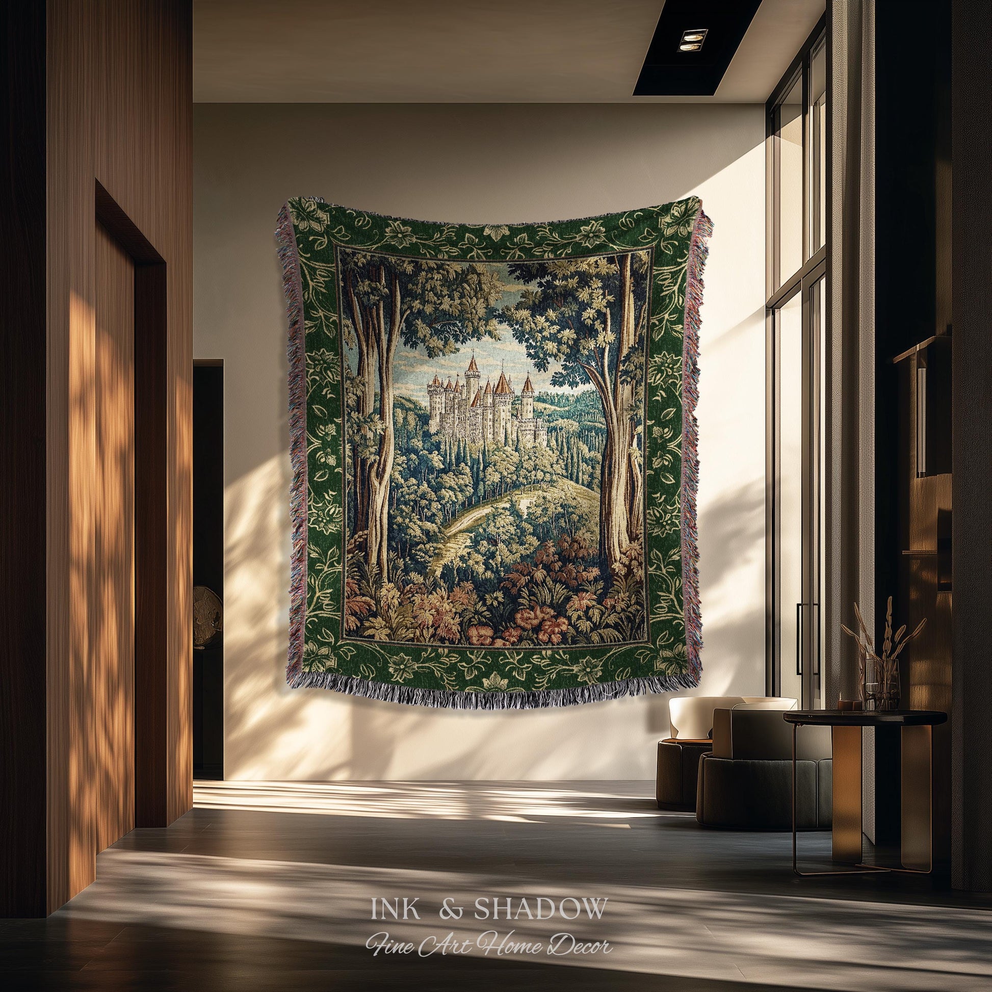 Fairytale Aesthetic Castle Tapestry Blanket Fairycore Folklore Inspired Decor | Magical Woodland Bedroom Whimsigothic Ethereal Forest Throw