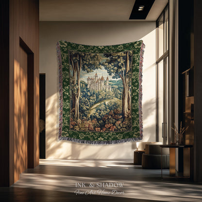 Fairytale Aesthetic Castle Tapestry Blanket Fairycore Folklore Inspired Decor | Magical Woodland Bedroom Whimsigothic Ethereal Forest Throw
