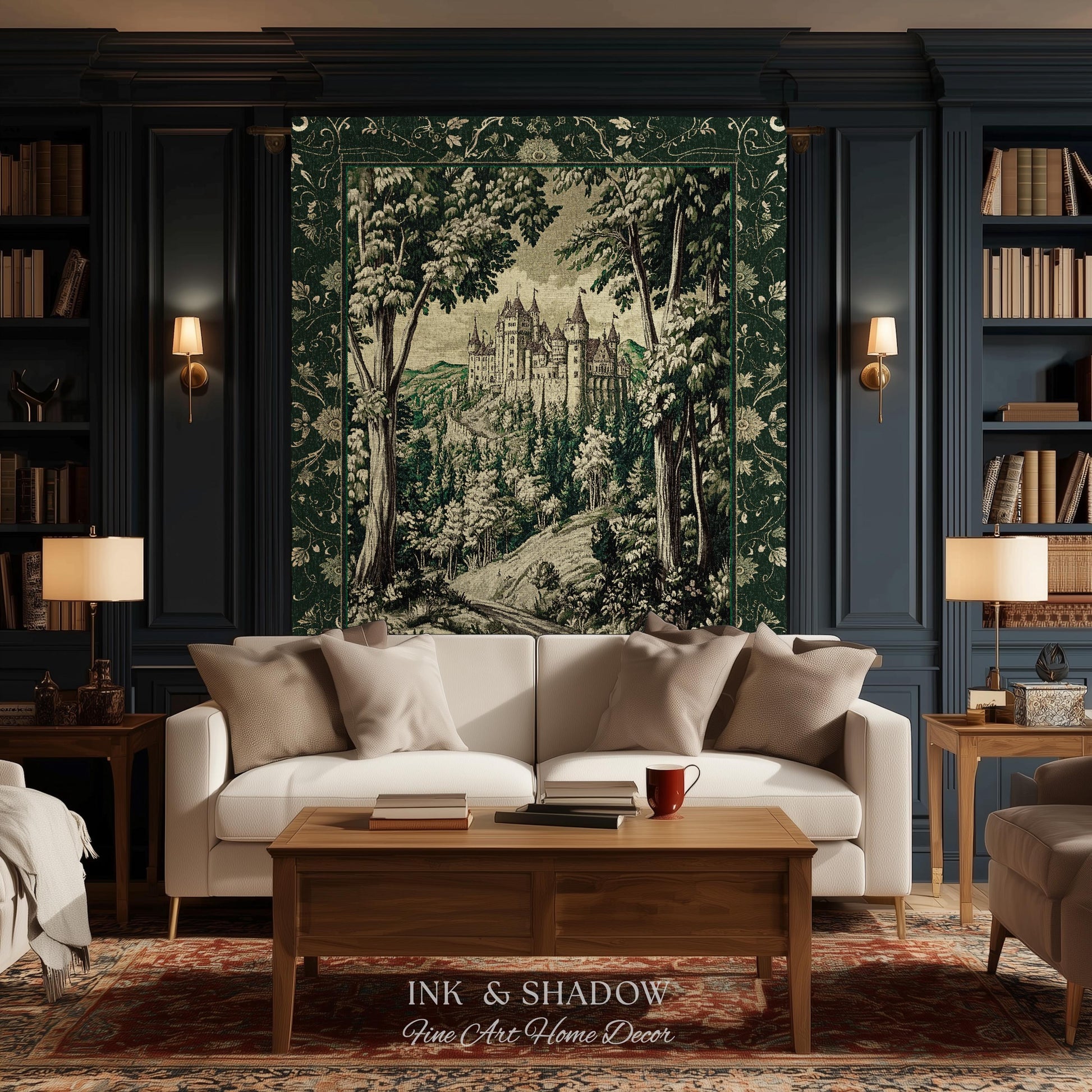 Medieval Castle Woodland Forest Tapestry Blanket Forestcore Dark Academia Fairytale Decor | Fairycore Magical Emerald Green Landscape Throw