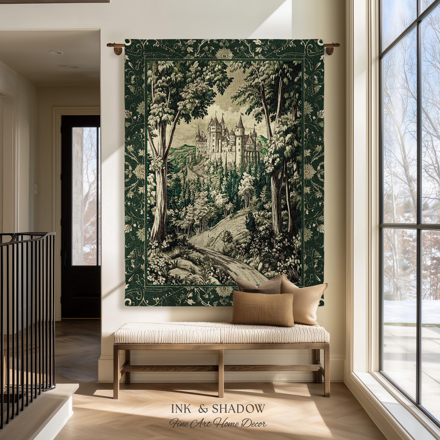Medieval Castle Woodland Forest Tapestry Blanket Forestcore Dark Academia Fairytale Decor | Fairycore Magical Emerald Green Landscape Throw