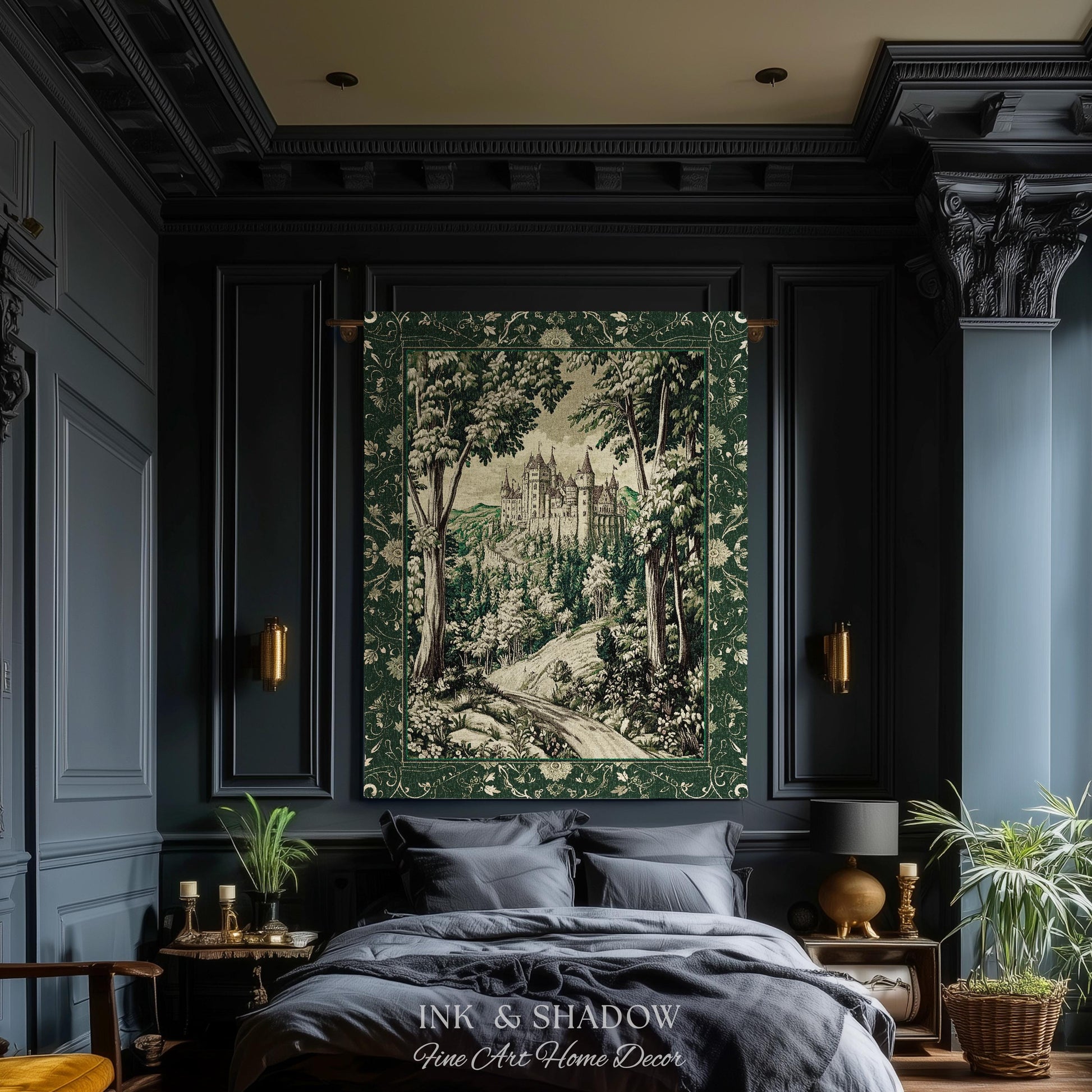 Medieval Castle Woodland Forest Tapestry Blanket Forestcore Dark Academia Fairytale Decor | Fairycore Magical Emerald Green Landscape Throw