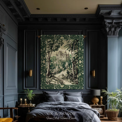 Medieval Castle Woodland Forest Tapestry Blanket Forestcore Dark Academia Fairytale Decor | Fairycore Magical Emerald Green Landscape Throw