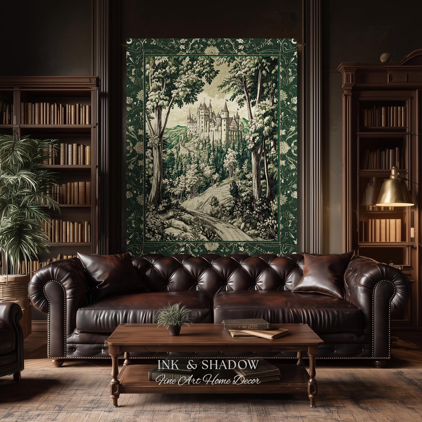 Medieval Castle Woodland Forest Tapestry Blanket Forestcore Dark Academia Fairytale Decor | Fairycore Magical Emerald Green Landscape Throw
