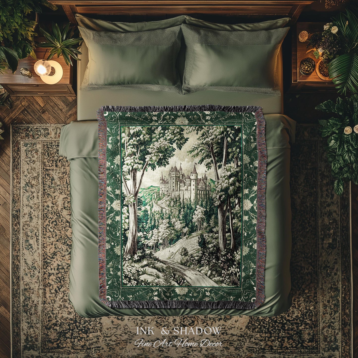 Medieval Castle Woodland Forest Tapestry Blanket Forestcore Dark Academia Fairytale Decor | Fairycore Magical Emerald Green Landscape Throw