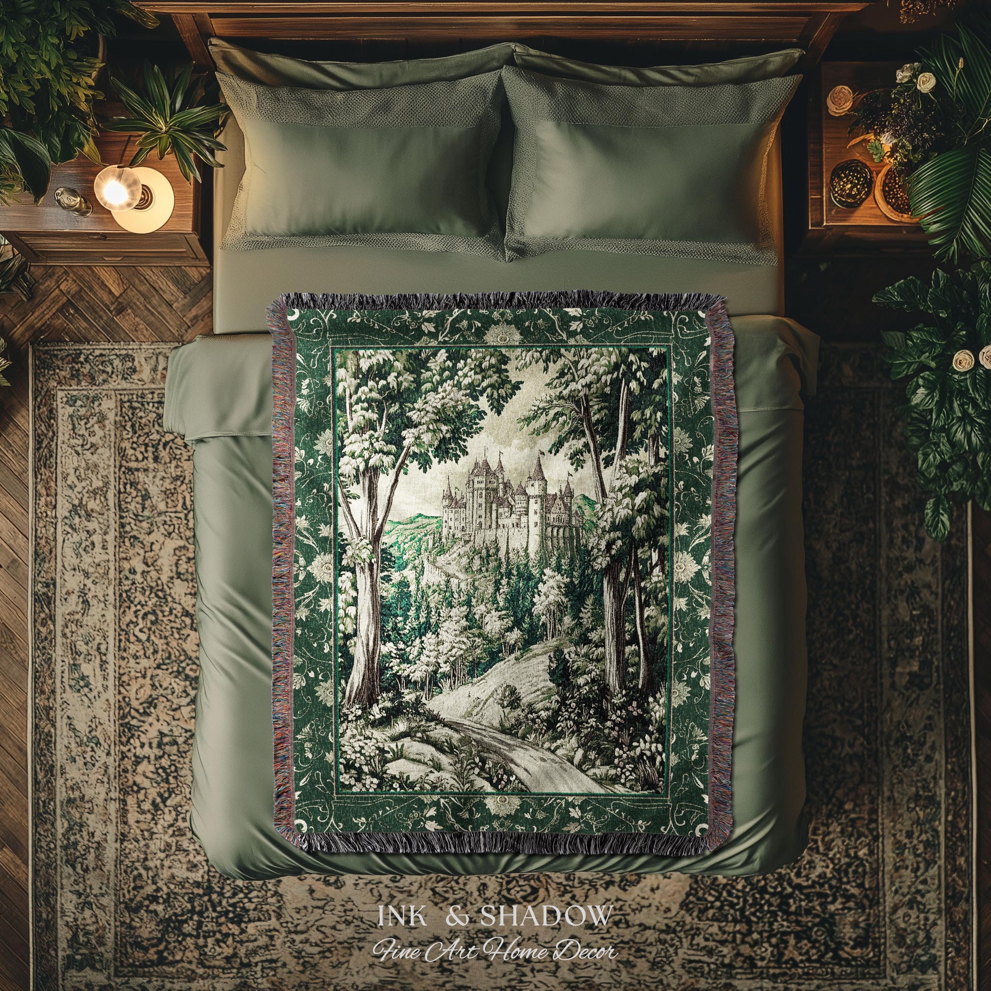 Medieval Castle Woodland Forest Tapestry Blanket Forestcore Dark Academia Fairytale Decor | Fairycore Magical Emerald Green Landscape Throw
