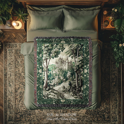 Medieval Castle Woodland Forest Tapestry Blanket Forestcore Dark Academia Fairytale Decor | Fairycore Magical Emerald Green Landscape Throw