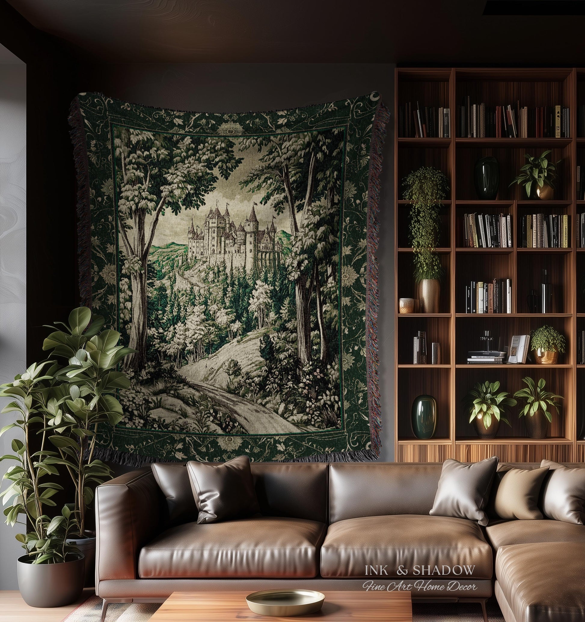 Medieval Castle Woodland Forest Tapestry Blanket Forestcore Dark Academia Fairytale Decor | Fairycore Magical Emerald Green Landscape Throw