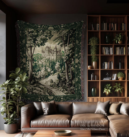 Medieval Castle Woodland Forest Tapestry Blanket Forestcore Dark Academia Fairytale Decor | Fairycore Magical Emerald Green Landscape Throw