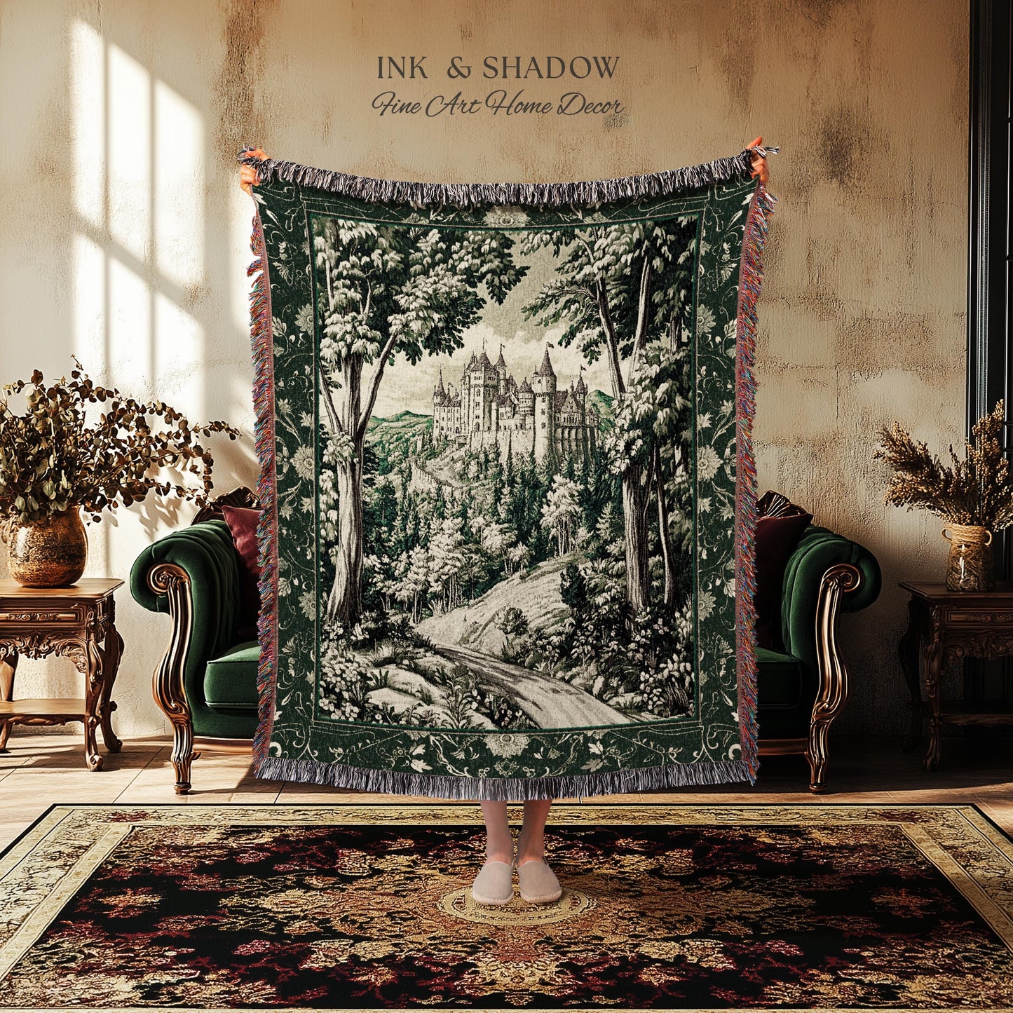 Medieval Castle Woodland Forest Tapestry Blanket Forestcore Dark Academia Fairytale Decor | Fairycore Magical Emerald Green Landscape Throw