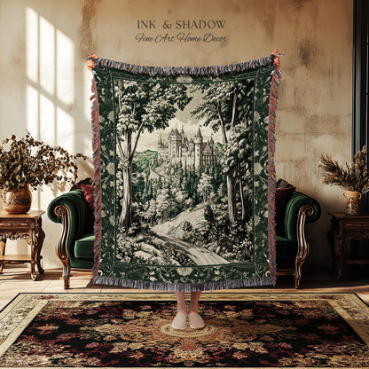 Medieval Castle Woodland Forest Tapestry Blanket Forestcore Dark Academia Fairytale Decor | Fairycore Magical Emerald Green Landscape Throw