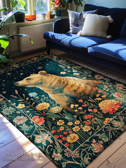 May include: A rectangular area rug with a detailed illustration of a bear in shades of brown and gold, surrounded by colorful flowers and foliage. The rug has a dark teal background with a border of stars and floral patterns. The rug is placed on a wooden floor.