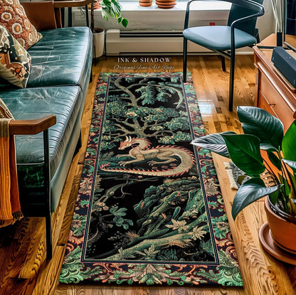 May include: A rectangular black rug with a detailed illustration of a dragon, trees, and foliage in shades of green, red, and gold. The rug has a decorative border and the text "INK & SHADOW Original Fine Art Rugs".