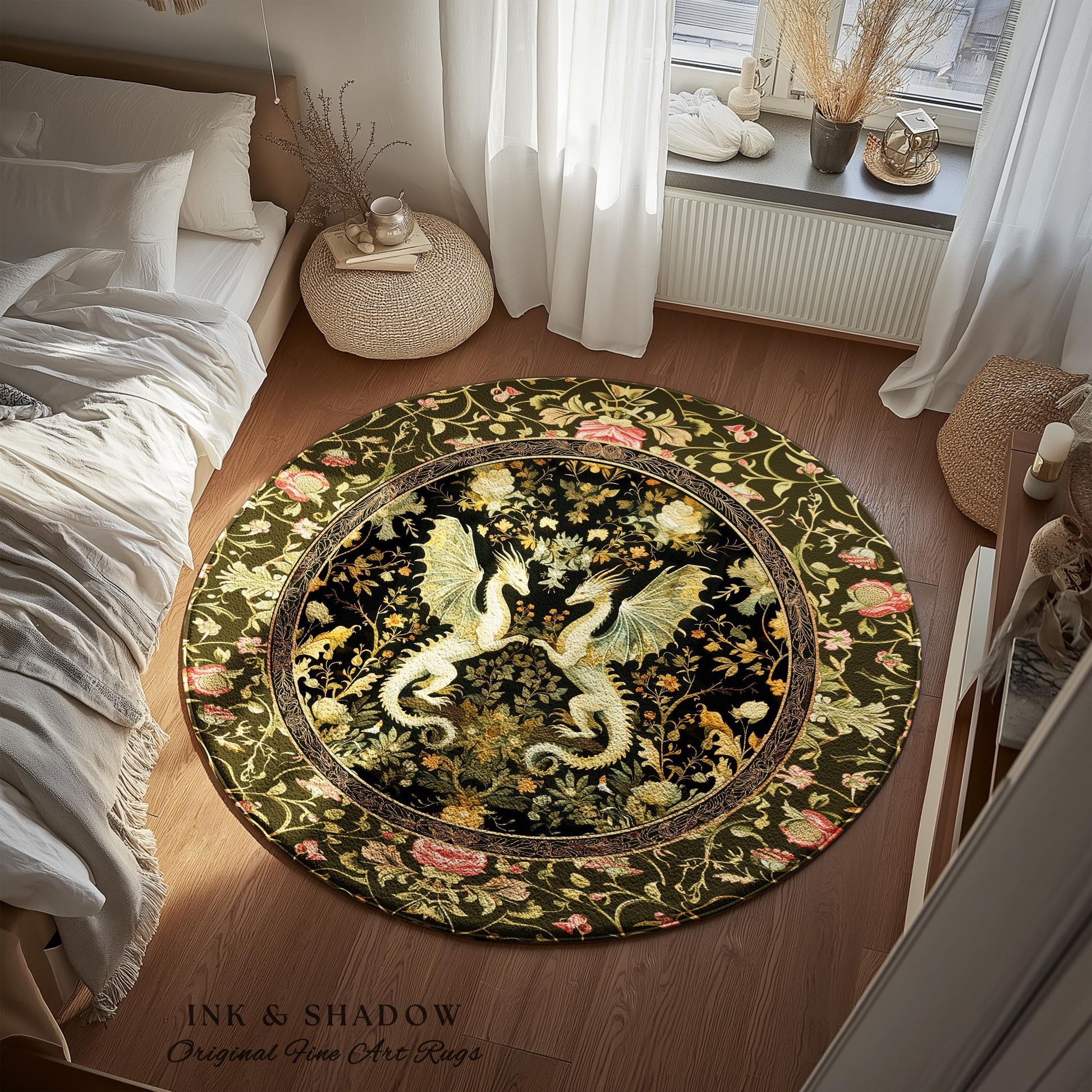 May include: Round area rug with a dark green floral border and a central design featuring two white dragons. The rug has a black background with floral and foliage details, and the text "INK & SHADOW Original Fine Art Rugs".