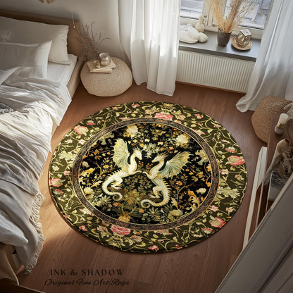 May include: Round area rug with a dark green floral border and a central design featuring two white dragons. The rug has a black background with floral and foliage details, and the text "INK & SHADOW Original Fine Art Rugs".