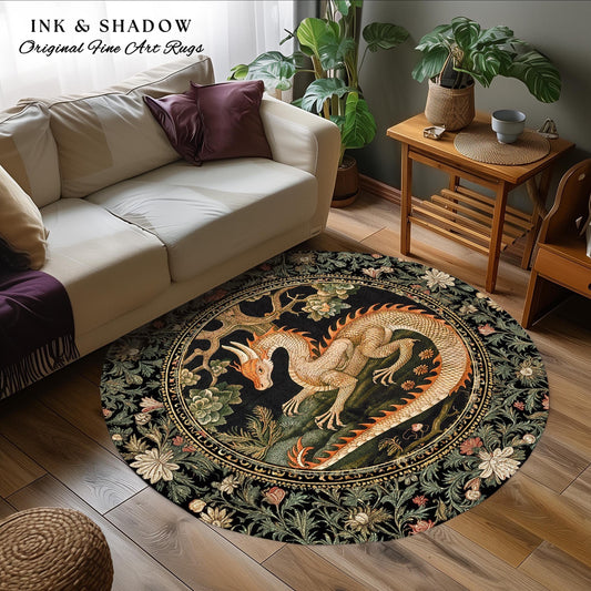 Enchanted Woods Round Dragon Rug | Medieval Aesthetic Fairytale Nursery Decor Morris Style Cottagecore Fairycore Bedroom Mystical Woodland