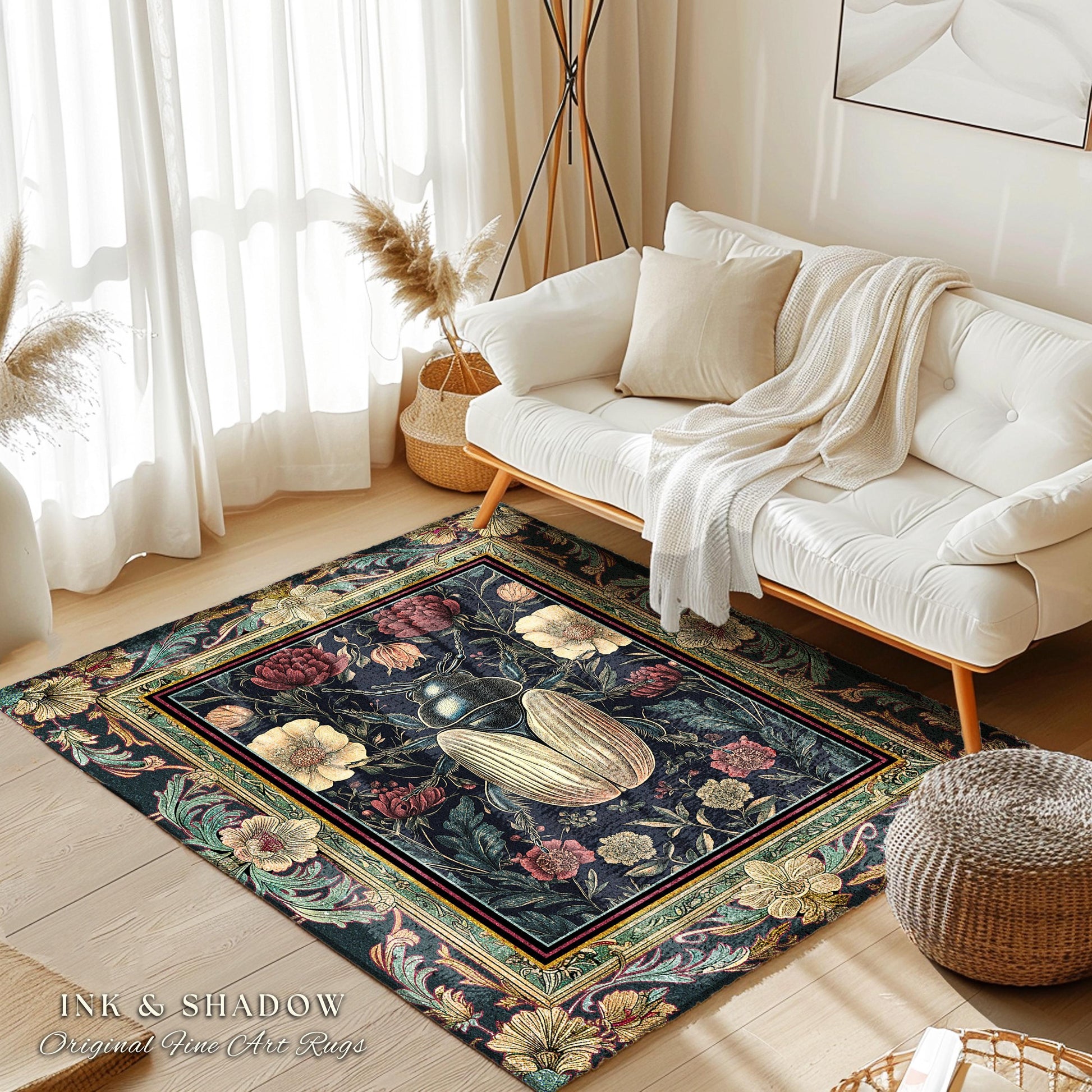 May include: A rectangular area rug with a dark background and a floral and insect design. The rug features a central image of a beetle and is framed by a border of flowers and leaves. The text "INK & SHADOW Original Fine Art Rugs" is at the bottom.