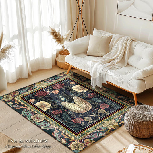 May include: A rectangular area rug with a dark background and a floral and insect design. The rug features a central image of a beetle and is framed by a border of flowers and leaves. The text "INK & SHADOW Original Fine Art Rugs" is at the bottom.