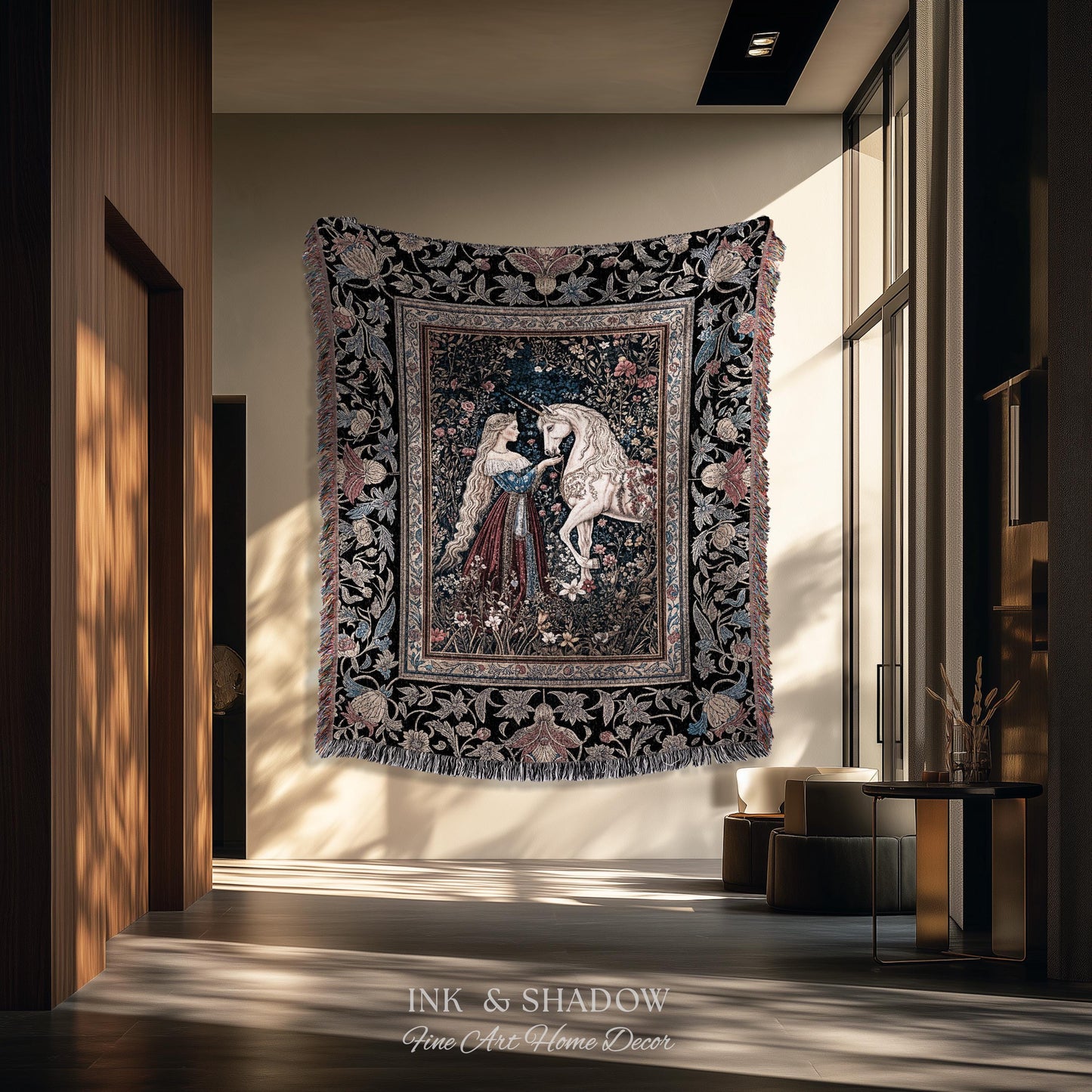 Mystic Fairytale Unicorn Throw Blanket | Renaissance Aesthetic Gloomy Coquette Woven Wall Tapestry Dark Cottagecore Storybook Gothic Theme |