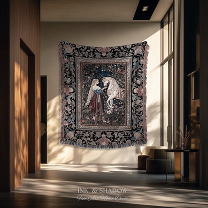 Mystic Fairytale Unicorn Throw Blanket | Renaissance Aesthetic Gloomy Coquette Woven Wall Tapestry Dark Cottagecore Storybook Gothic Theme |