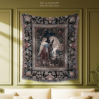 Mystic Fairytale Unicorn Throw Blanket | Renaissance Aesthetic Gloomy Coquette Woven Wall Tapestry Dark Cottagecore Storybook Gothic Theme |