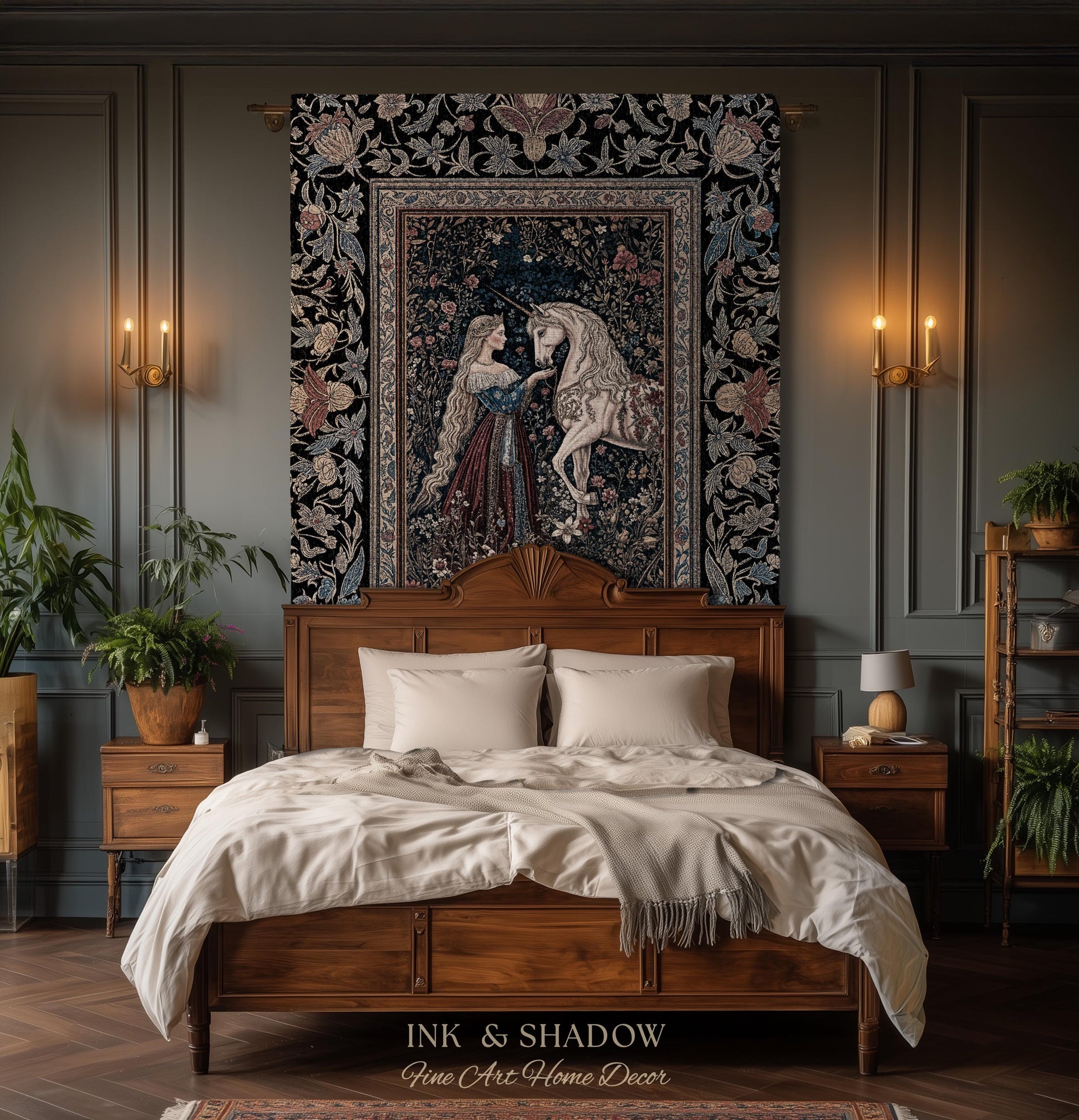 Mystic Fairytale Unicorn Throw Blanket | Renaissance Aesthetic Gloomy Coquette Woven Wall Tapestry Dark Cottagecore Storybook Gothic Theme |