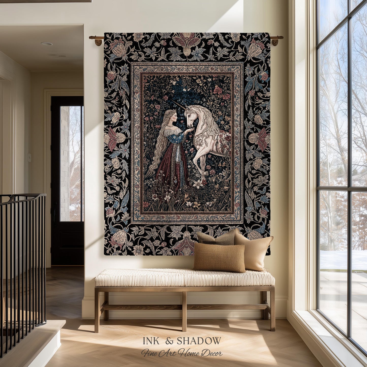 Mystic Fairytale Unicorn Throw Blanket | Renaissance Aesthetic Gloomy Coquette Woven Wall Tapestry Dark Cottagecore Storybook Gothic Theme |